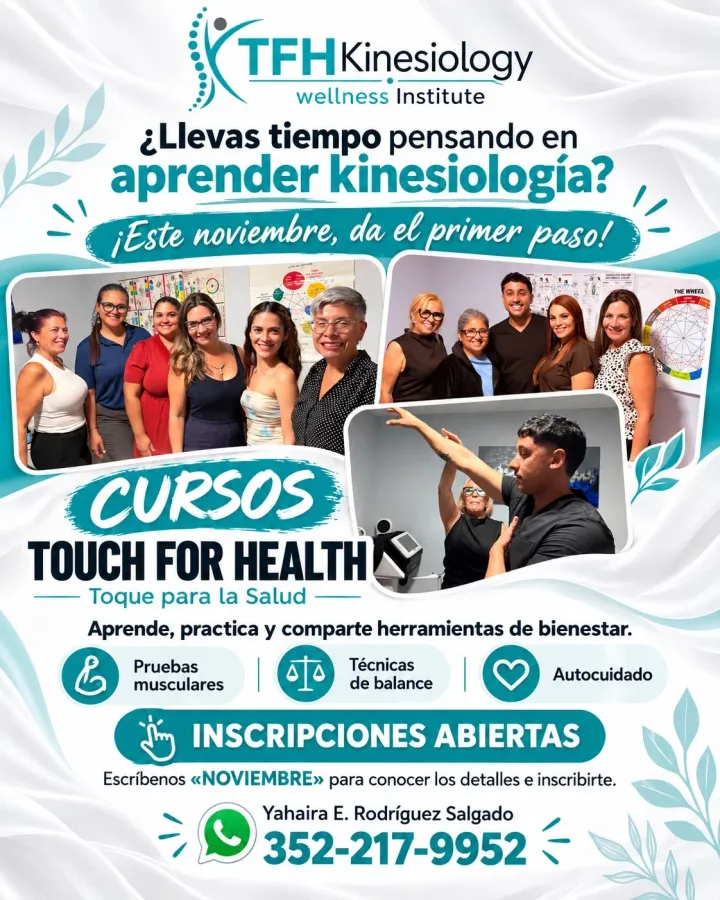 Flyer de los cursos Touch for Health: inscripciones abiertas en noviembre, información al 352-217-9952