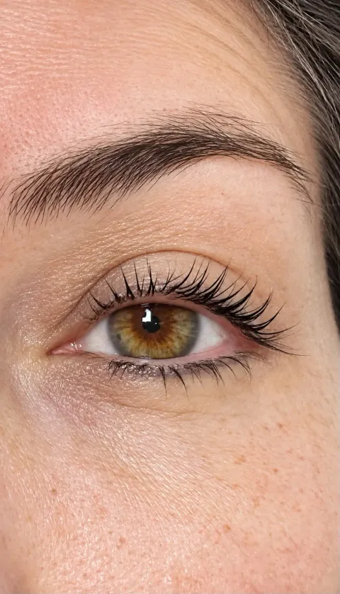 Primer plano de un ojo con pestañas rizadas y definidas